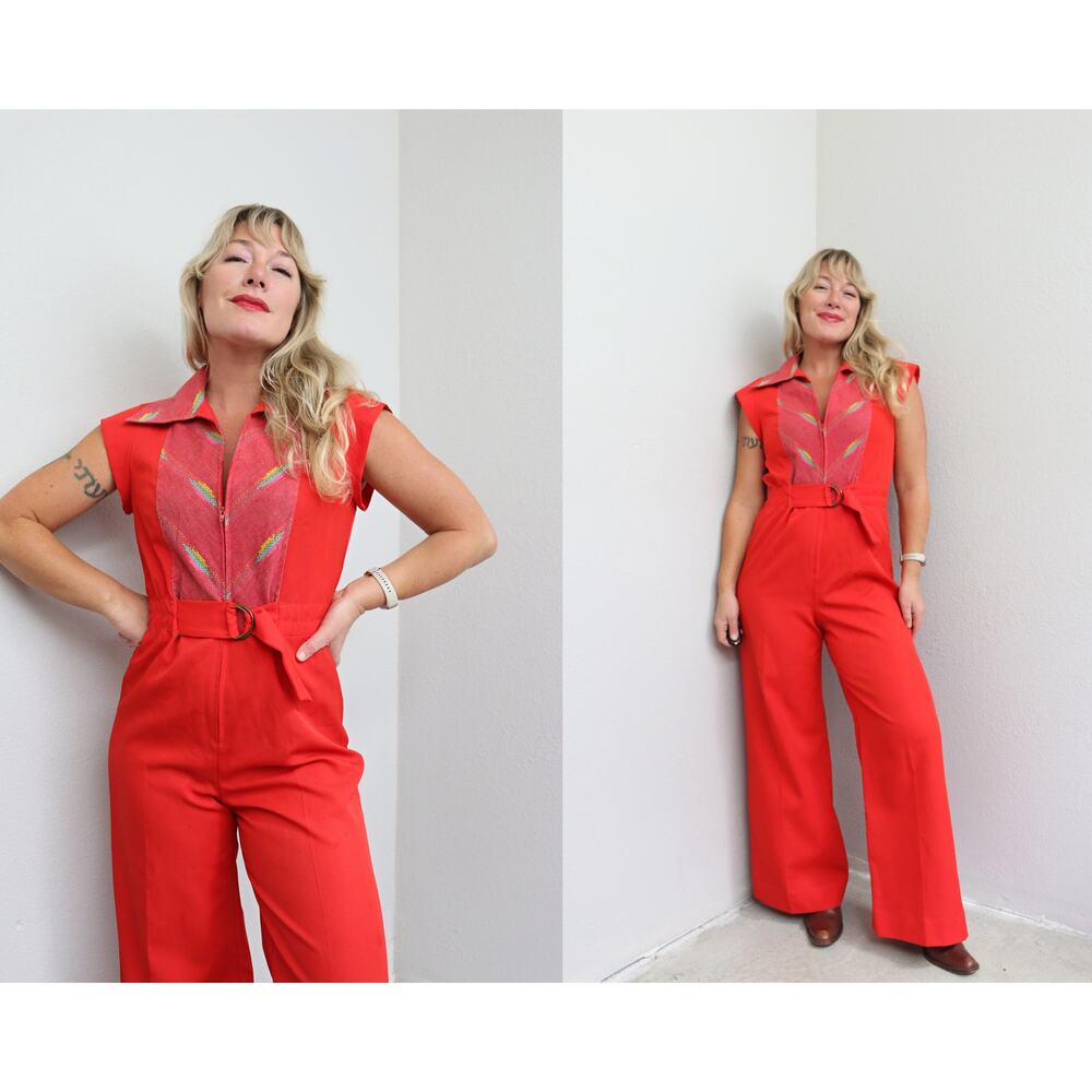 1970's Vintage PBJ by Jerell Red Wide Leg Dagger Collar Jumpsuit ~ Women's SM MD